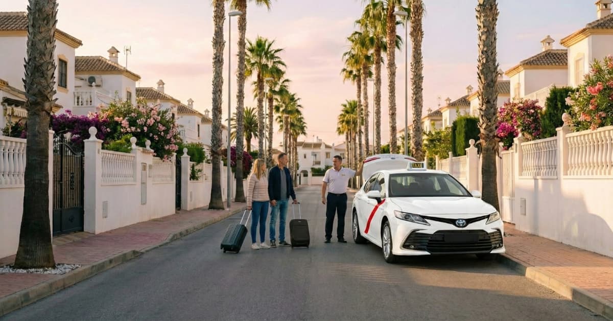 Pareja con maletas subiendo a un taxi en una calle de Torrevieja durante Semana Santa